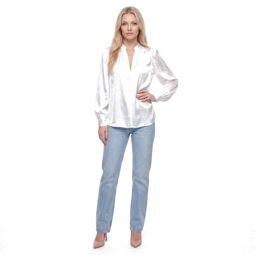 Satin Stand Collar Puff Sleeve Blouse