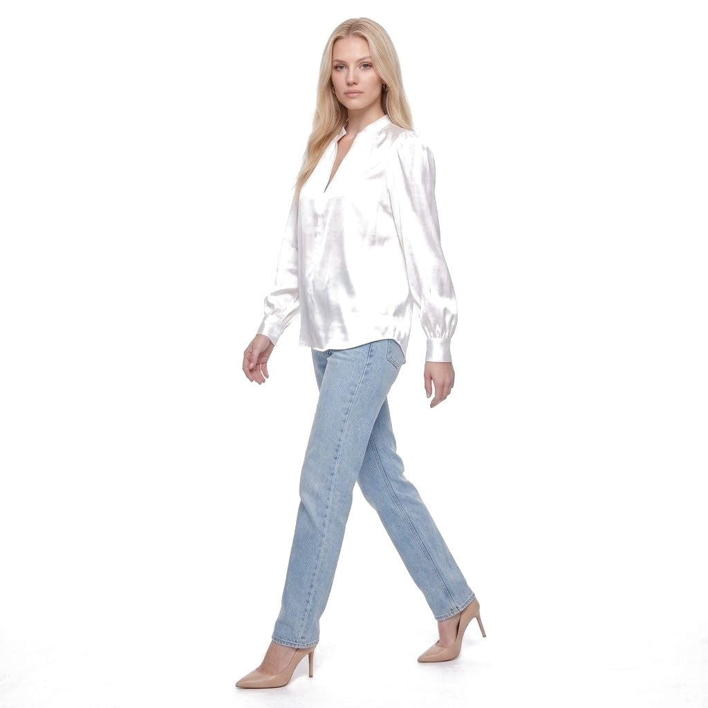 Satin Stand Collar Puff Sleeve Blouse