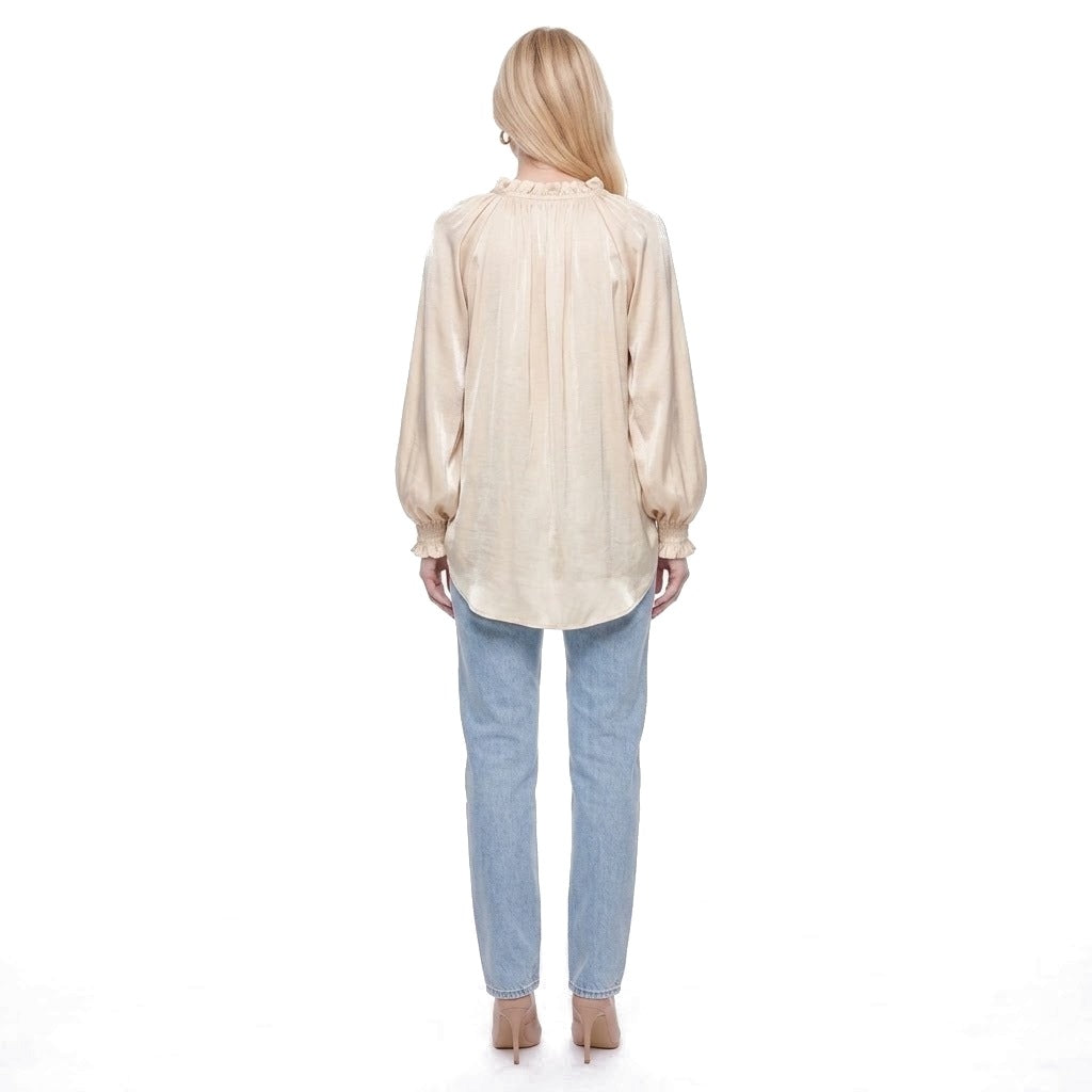 Ruffle Collar V-Neck Balloon Sleeve Satin Blouse