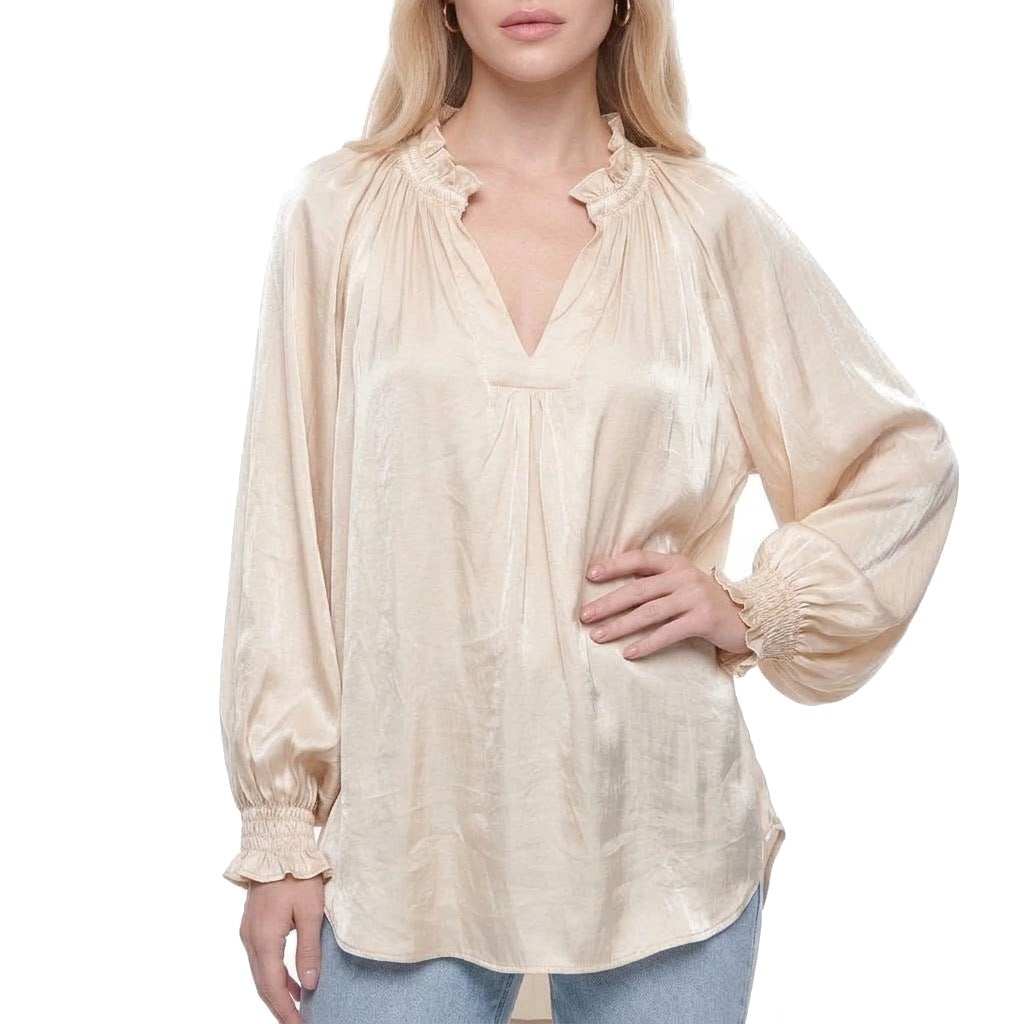 Ruffle Collar V-Neck Balloon Sleeve Satin Blouse