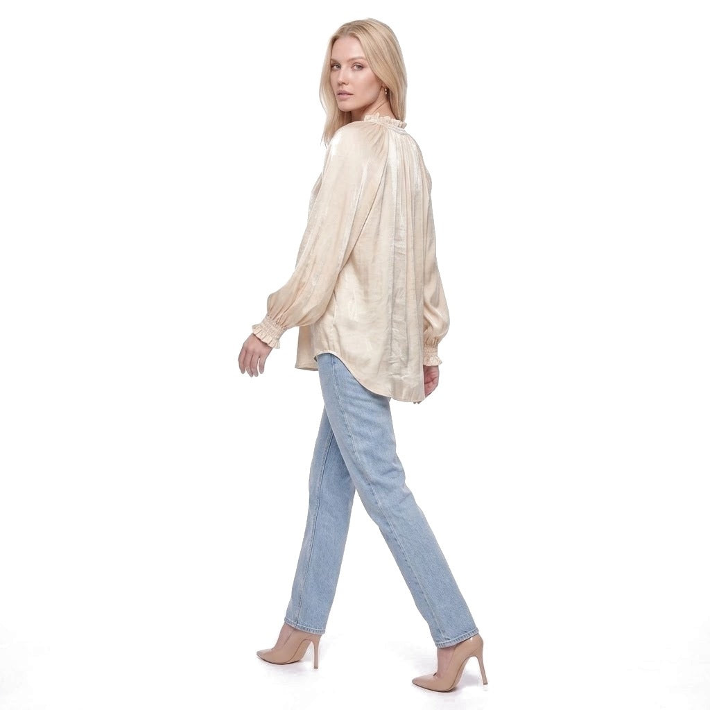 Ruffle Collar V-Neck Balloon Sleeve Satin Blouse
