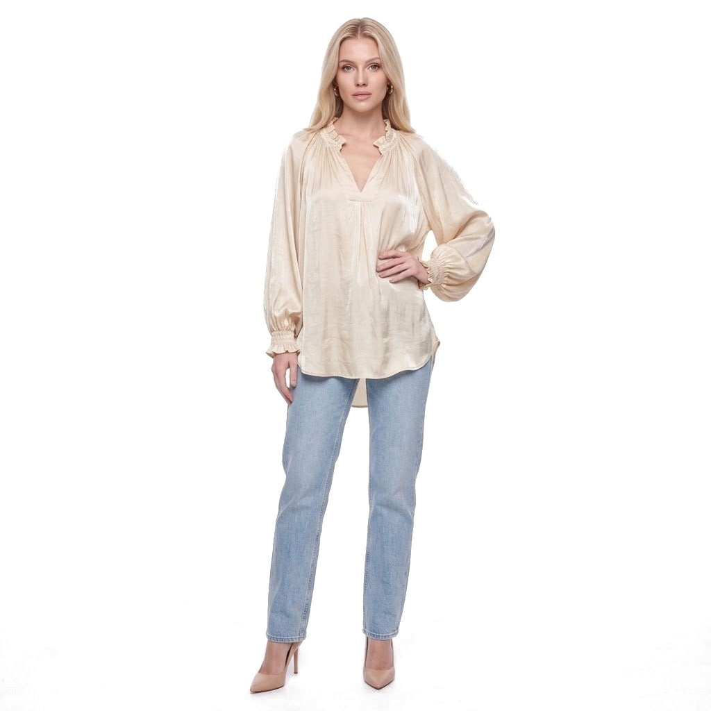 Ruffle Collar V-Neck Balloon Sleeve Satin Blouse