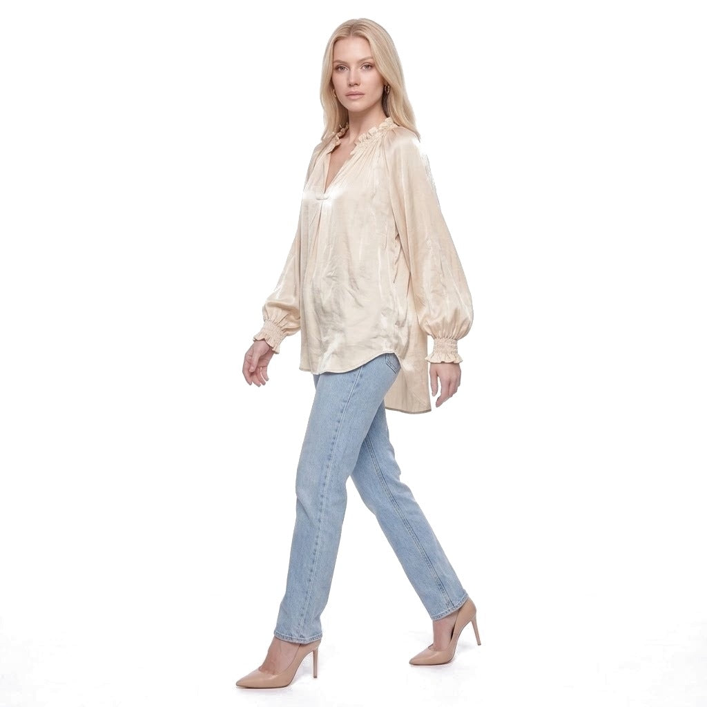 Ruffle Collar V-Neck Balloon Sleeve Satin Blouse