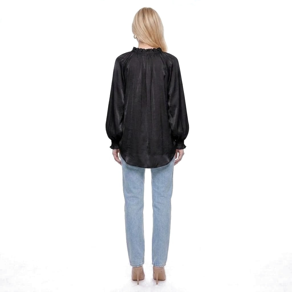 Ruffle Collar V-Neck Balloon Sleeve Satin Blouse