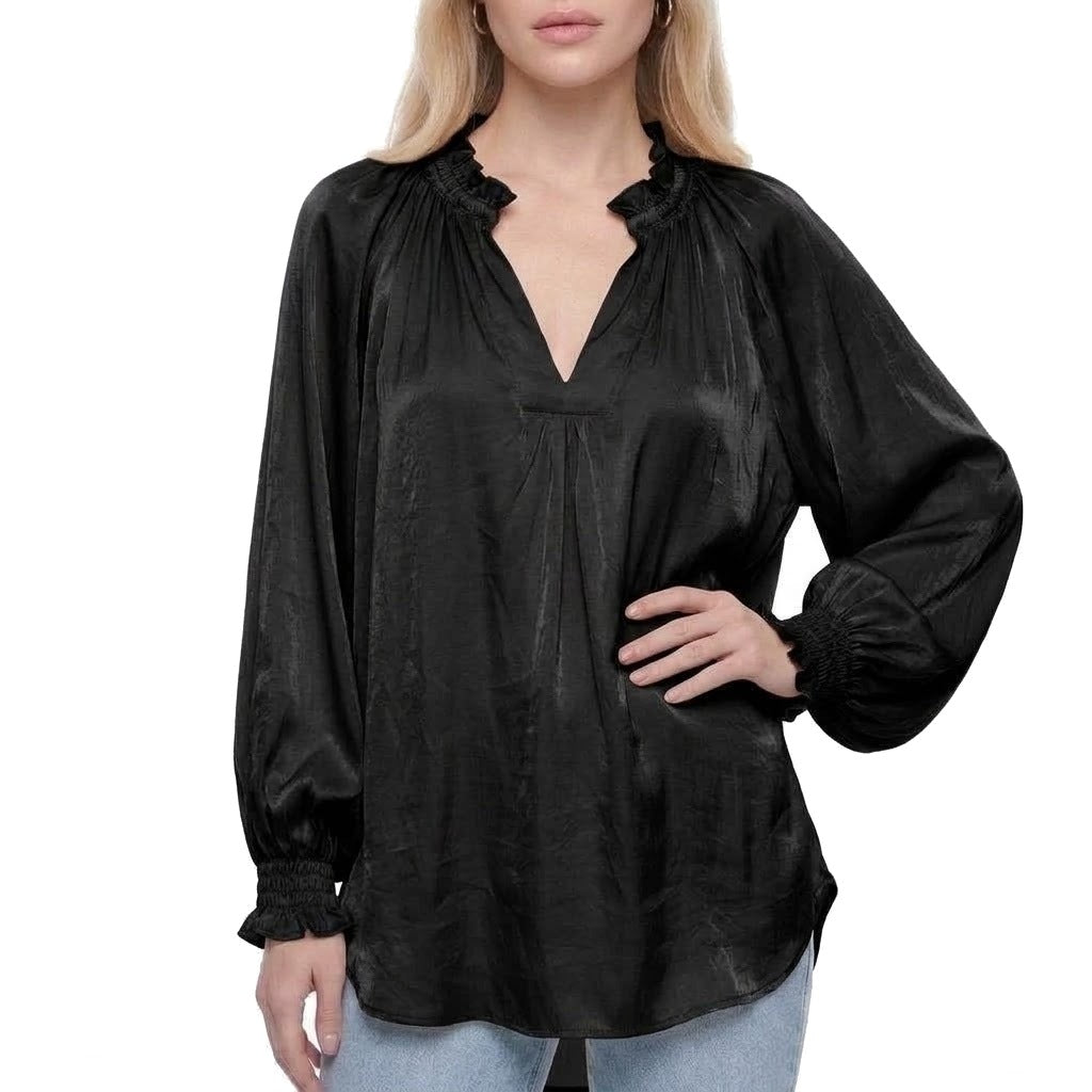 Ruffle Collar V-Neck Balloon Sleeve Satin Blouse