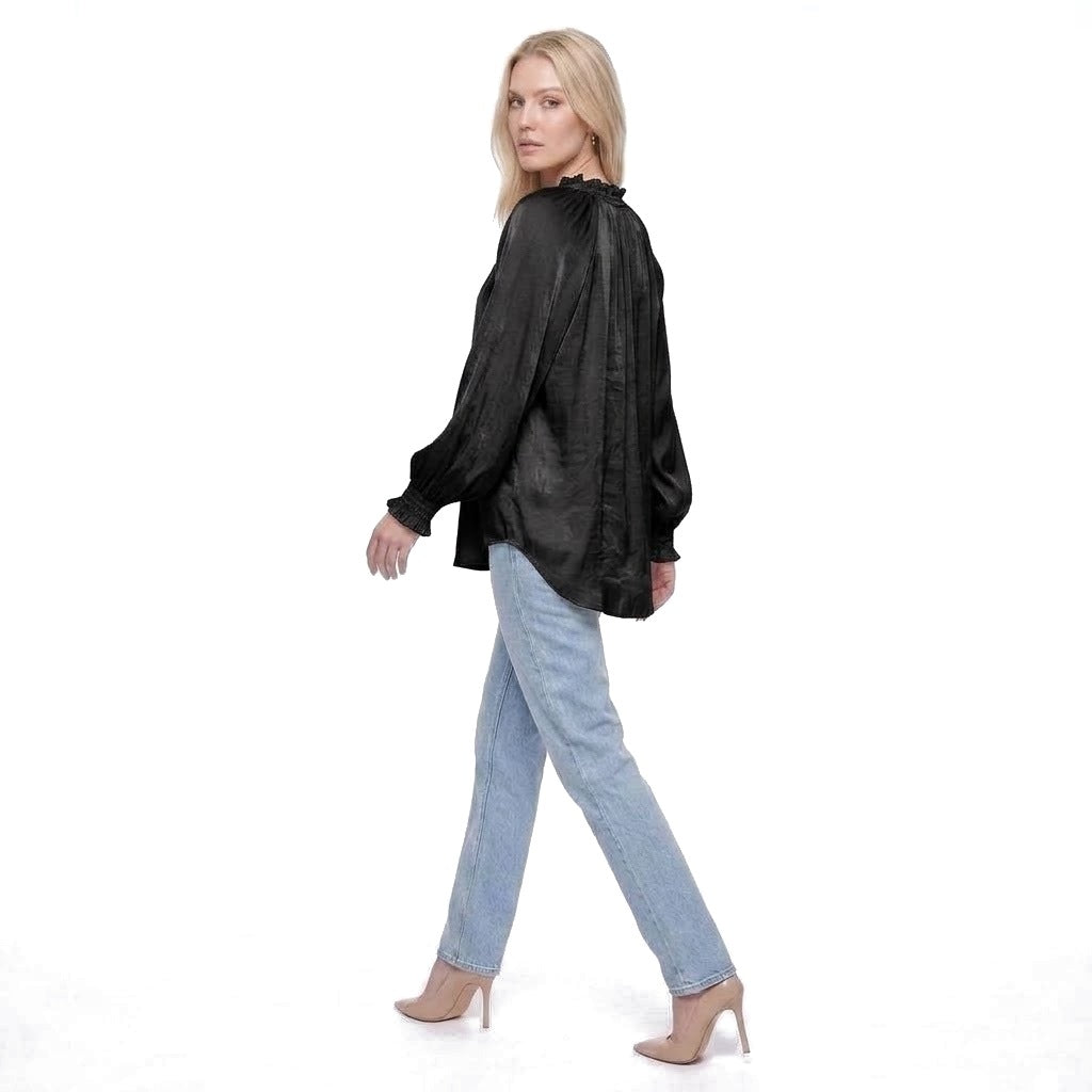 Ruffle Collar V-Neck Balloon Sleeve Satin Blouse