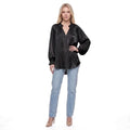 Ruffle Collar V-Neck Balloon Sleeve Satin Blouse