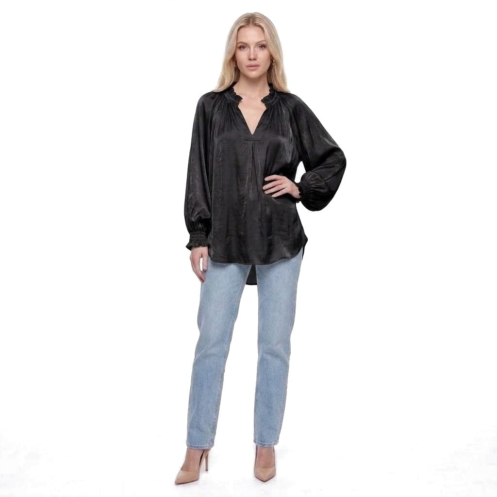 Ruffle Collar V-Neck Balloon Sleeve Satin Blouse