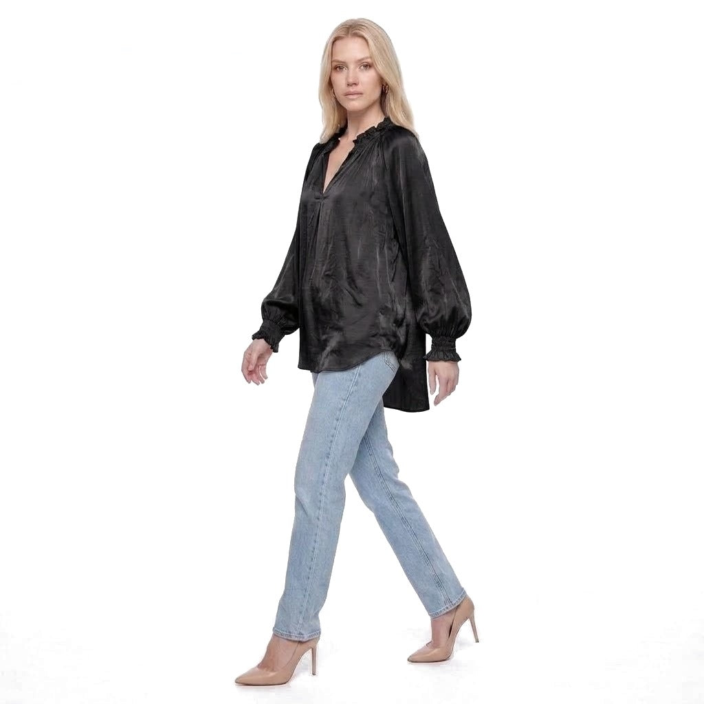 Ruffle Collar V-Neck Balloon Sleeve Satin Blouse