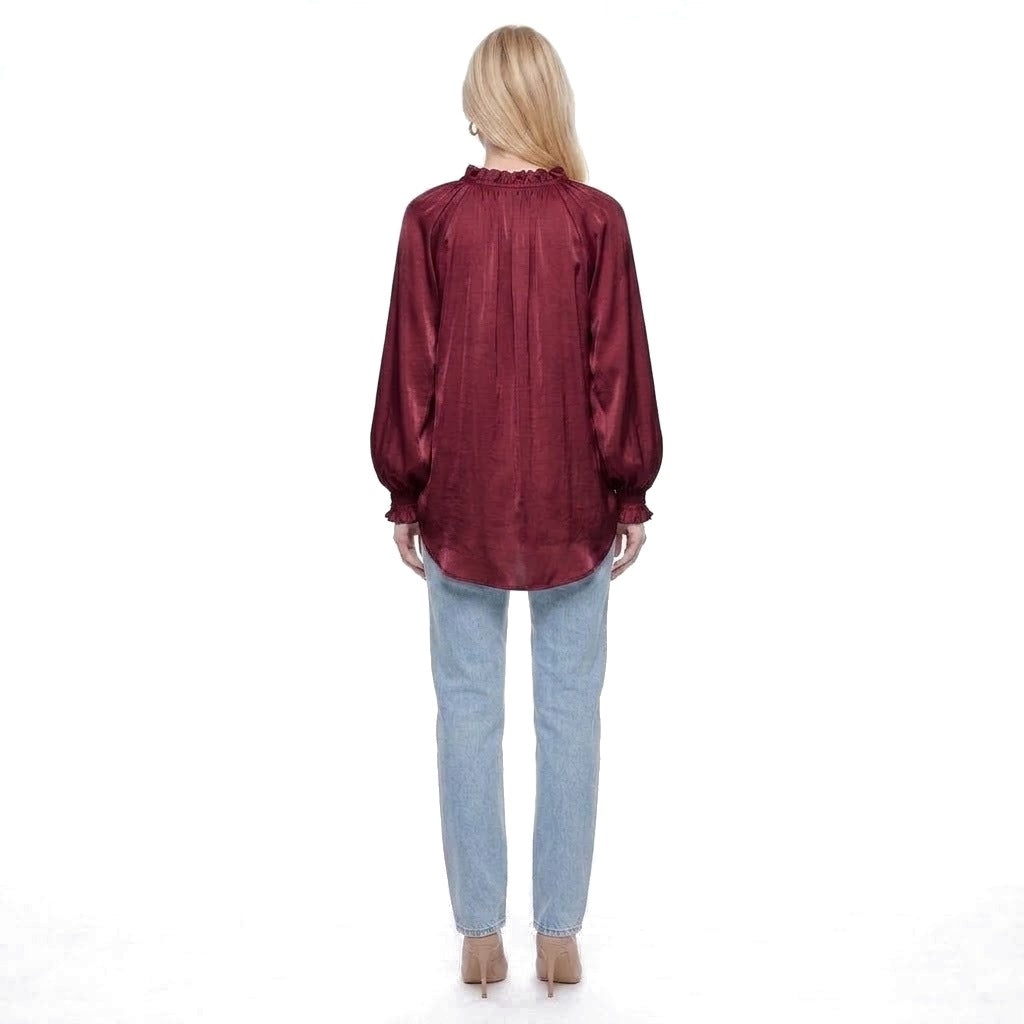Ruffle Collar V-Neck Balloon Sleeve Satin Blouse