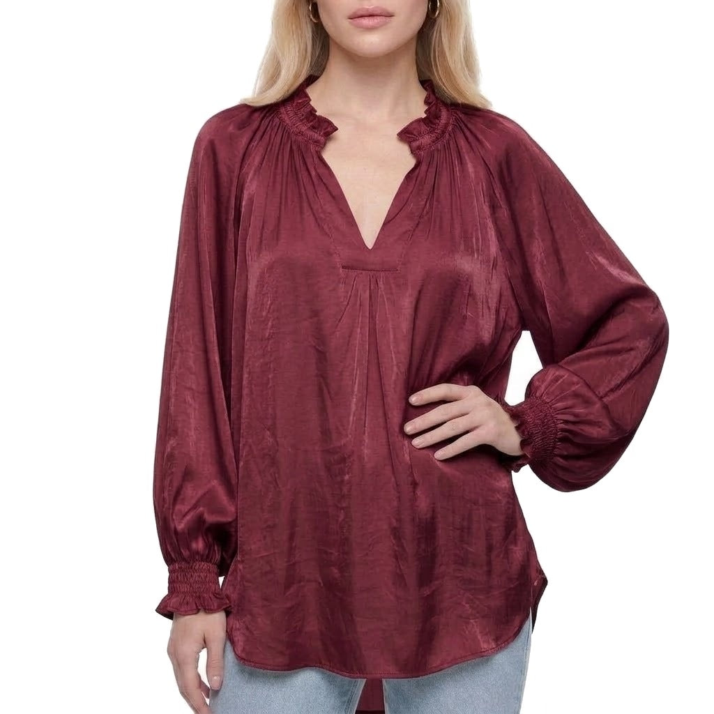 Ruffle Collar V-Neck Balloon Sleeve Satin Blouse