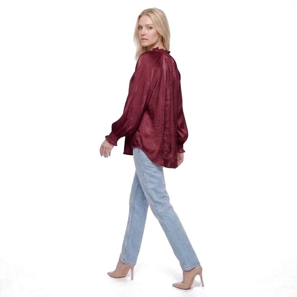 Ruffle Collar V-Neck Balloon Sleeve Satin Blouse