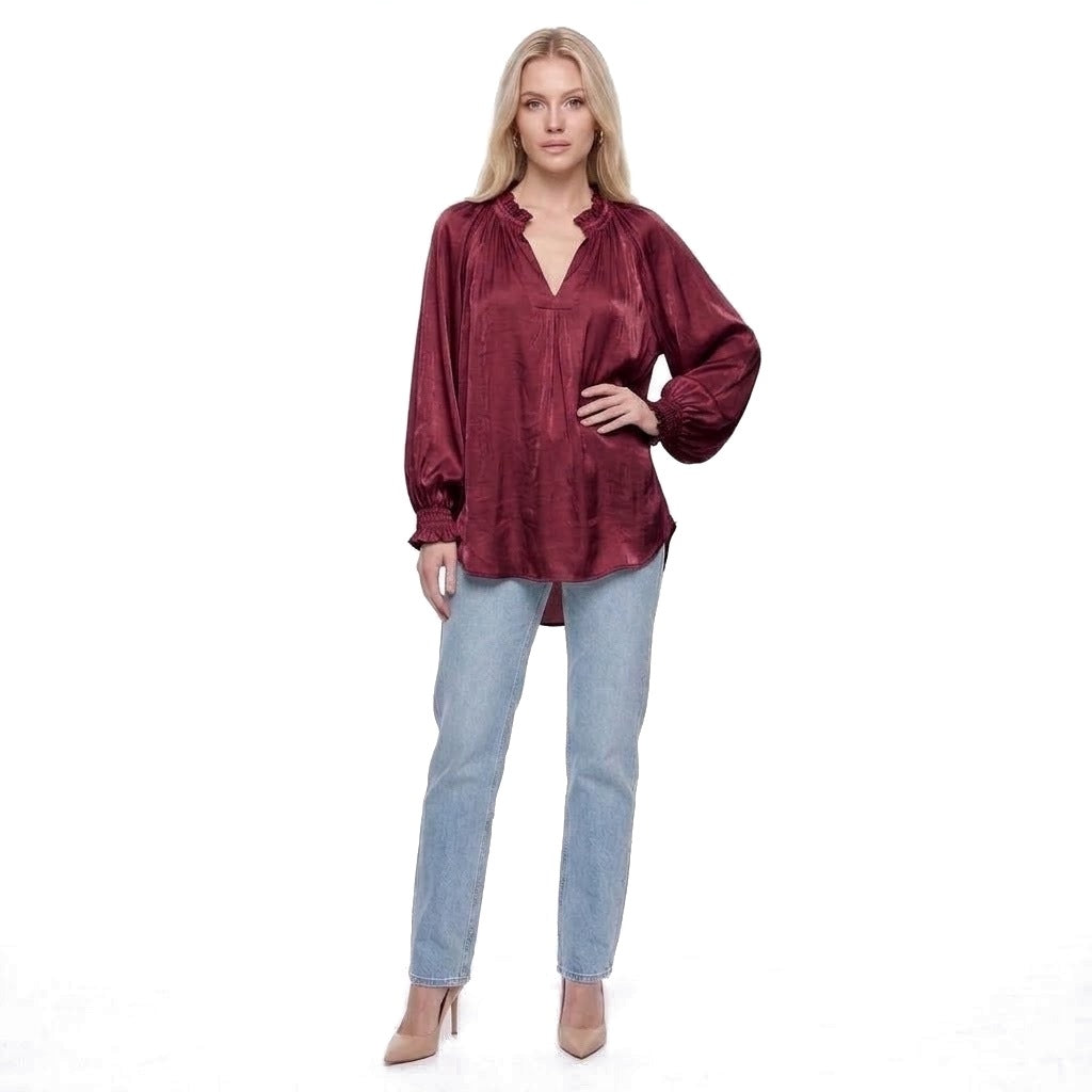 Ruffle Collar V-Neck Balloon Sleeve Satin Blouse