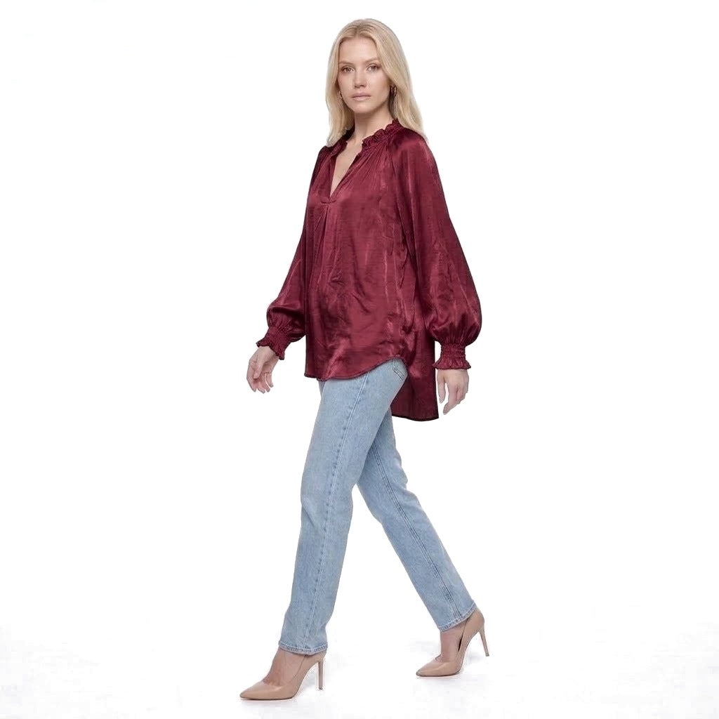 Ruffle Collar V-Neck Balloon Sleeve Satin Blouse