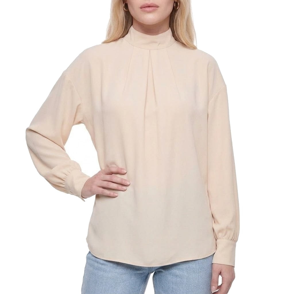 Mock Neck Pleated Front Long Sleeve Blouse