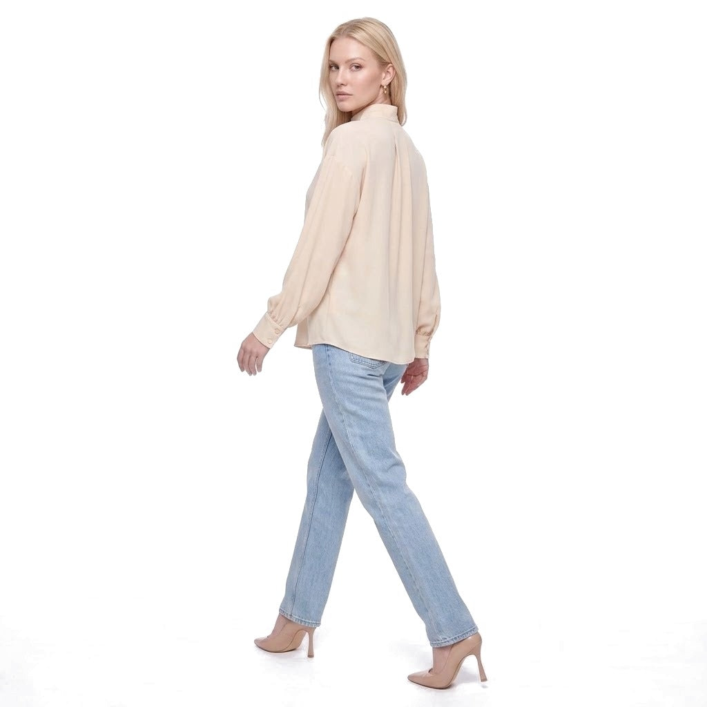 Mock Neck Pleated Front Long Sleeve Blouse
