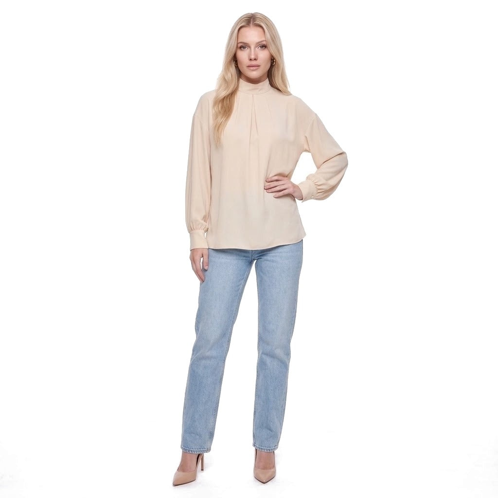 Mock Neck Pleated Front Long Sleeve Blouse