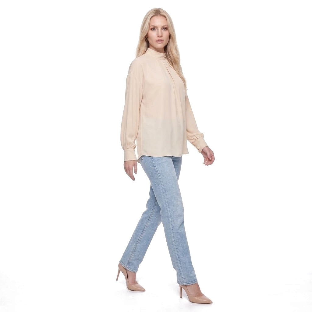 Mock Neck Pleated Front Long Sleeve Blouse