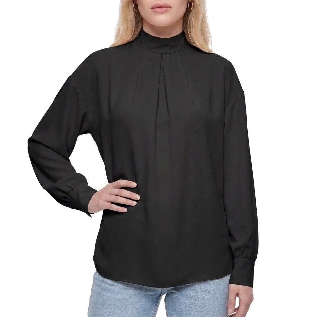 Mock Neck Pleated Front Long Sleeve Blouse