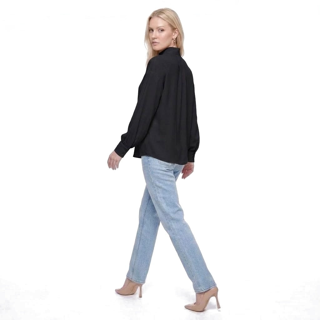 Mock Neck Pleated Front Long Sleeve Blouse