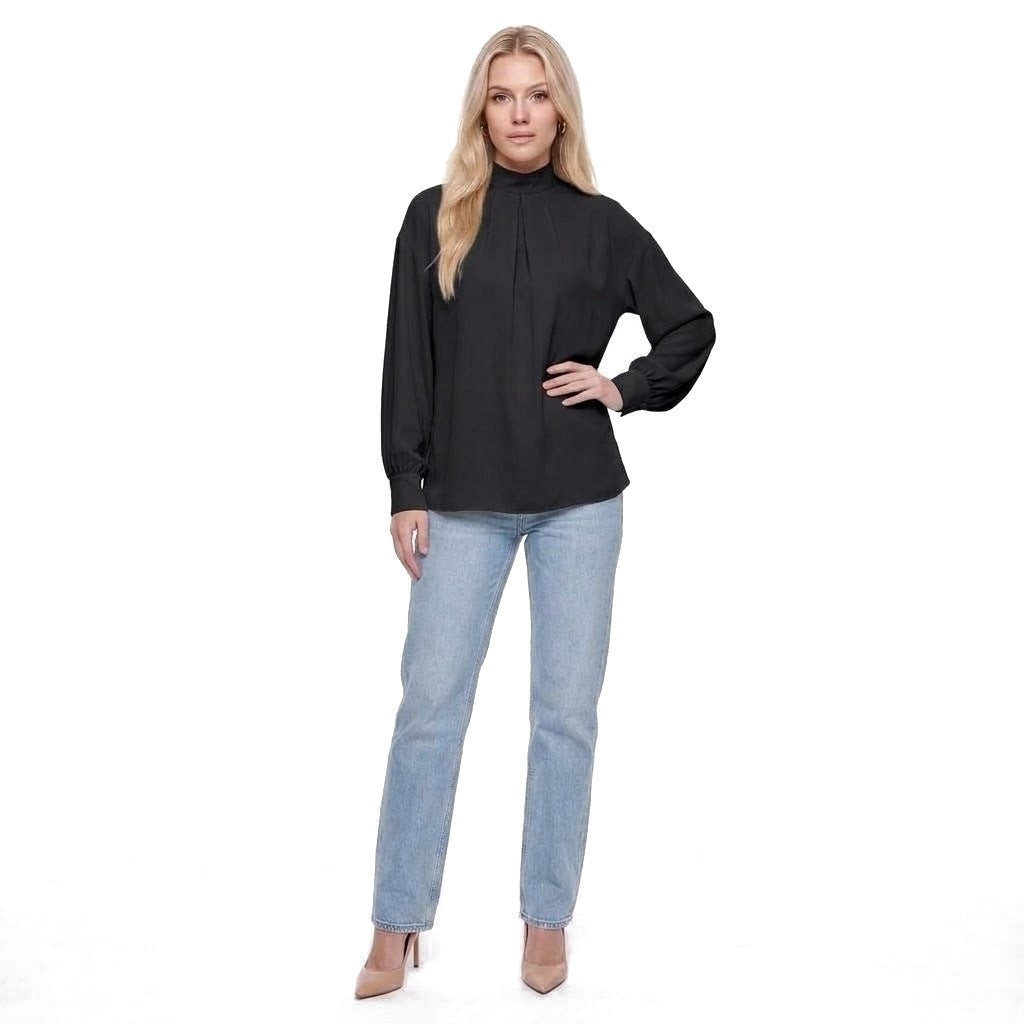 Mock Neck Pleated Front Long Sleeve Blouse