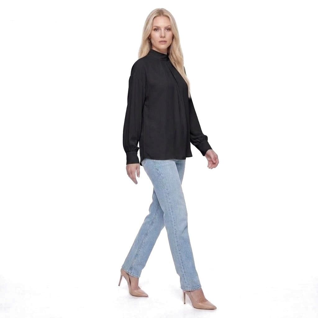 Mock Neck Pleated Front Long Sleeve Blouse