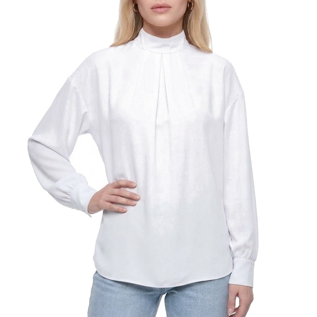 Mock Neck Pleated Front Long Sleeve Blouse