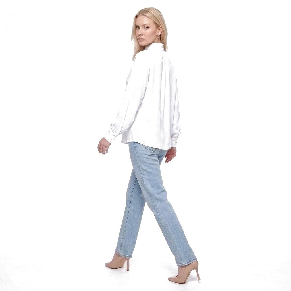 Mock Neck Pleated Front Long Sleeve Blouse