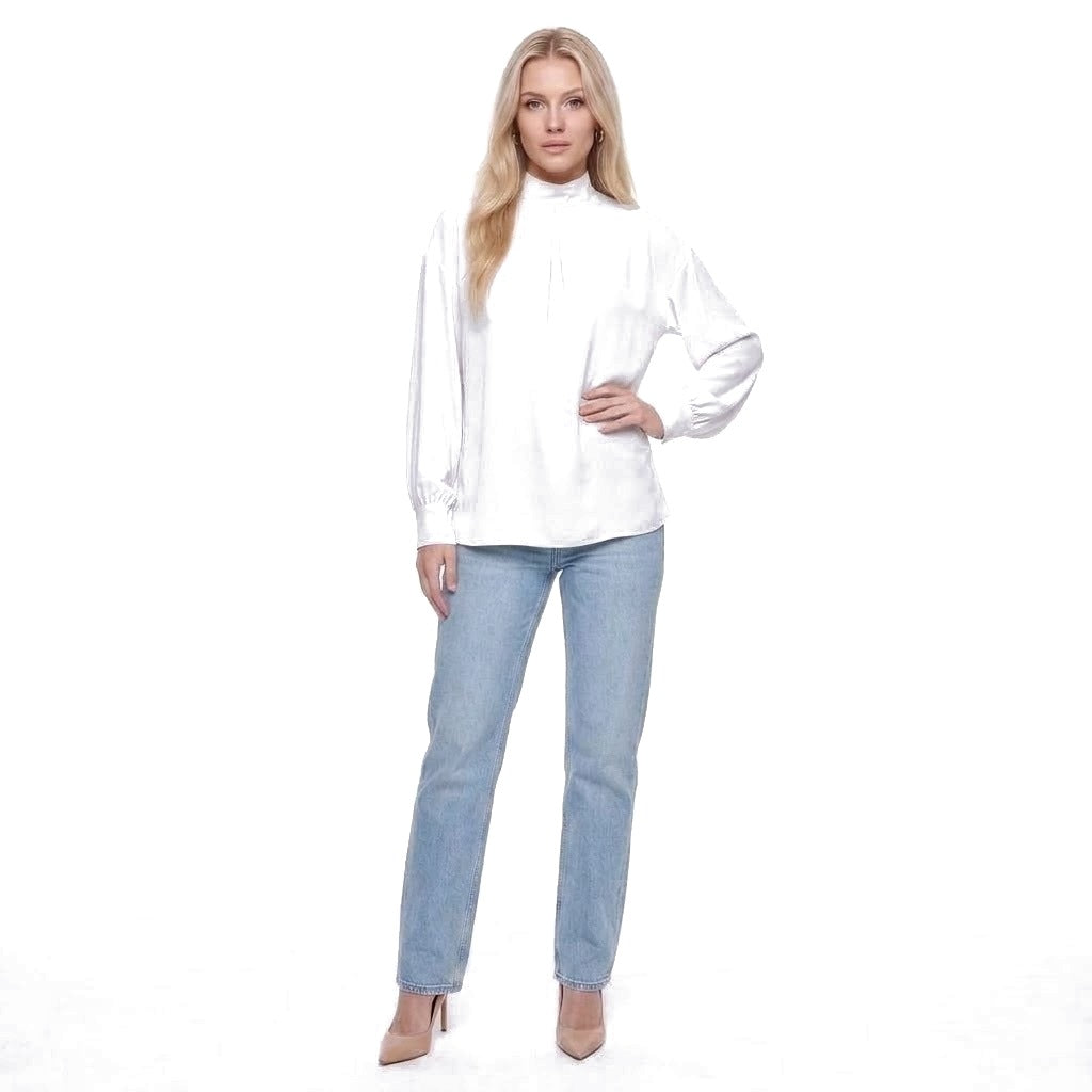 Mock Neck Pleated Front Long Sleeve Blouse