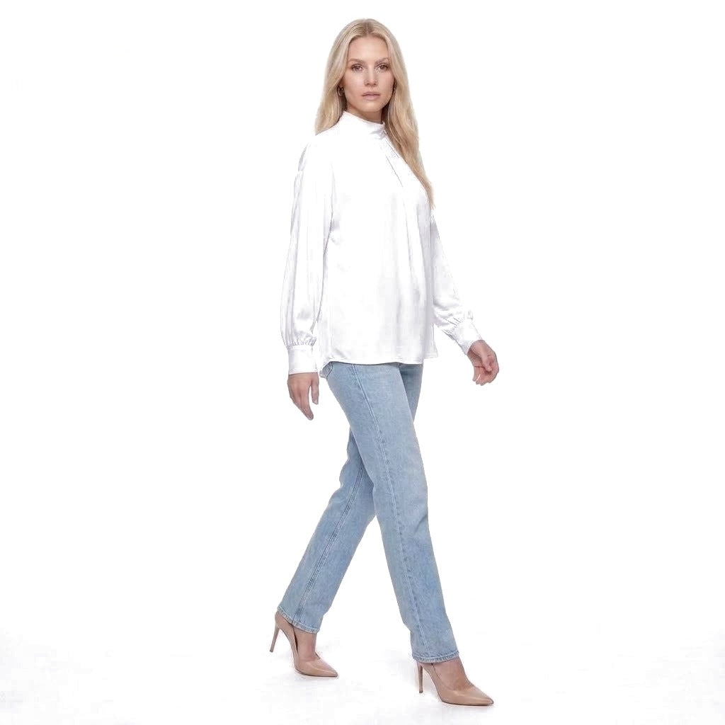 Mock Neck Pleated Front Long Sleeve Blouse