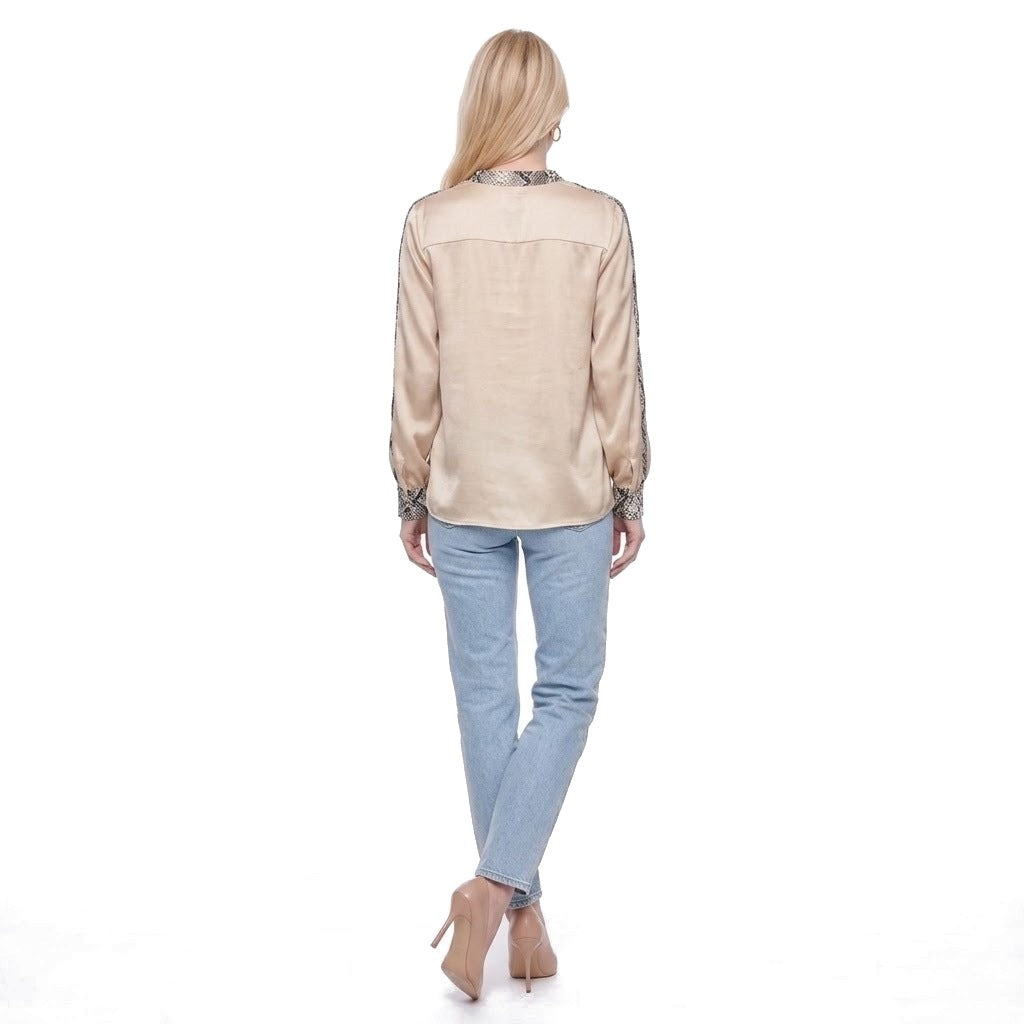 Snake Print Trim Satin Crew Neck Blouse