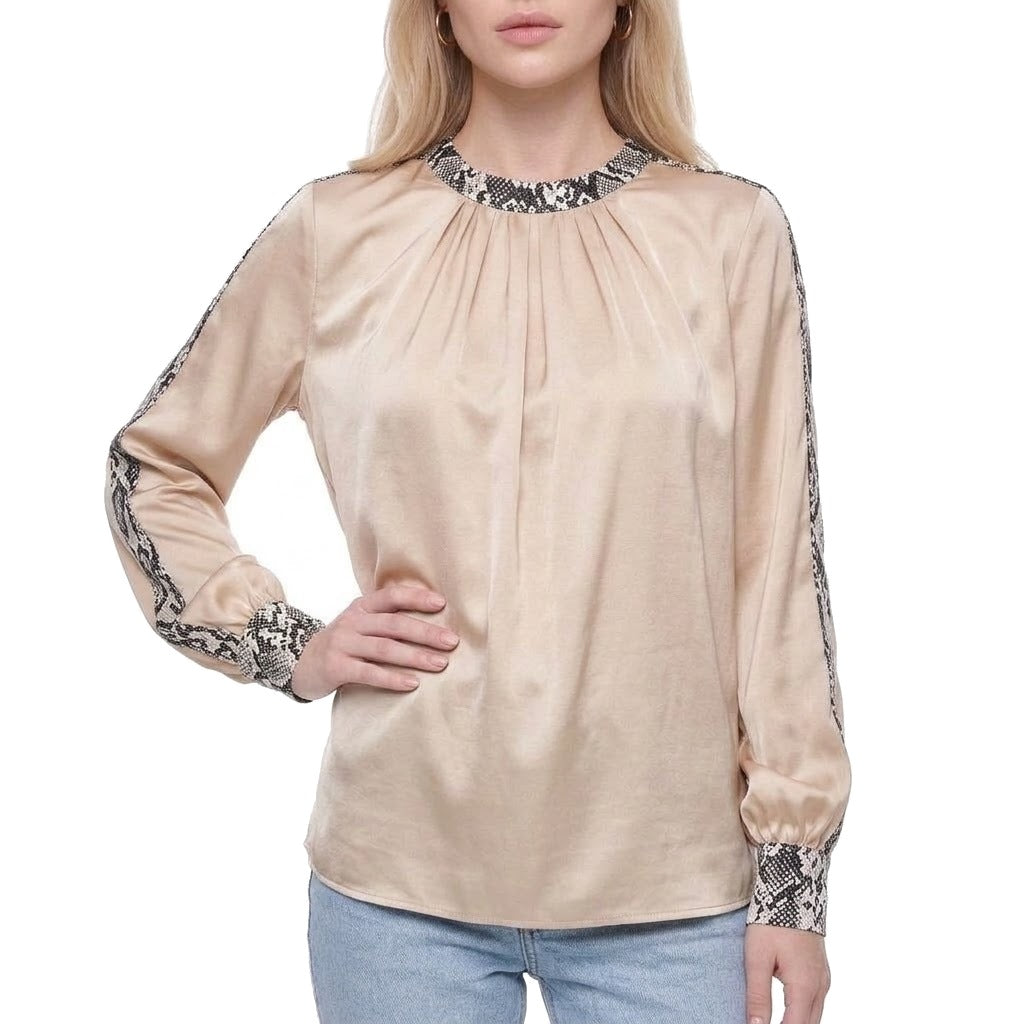 Snake Print Trim Satin Crew Neck Blouse
