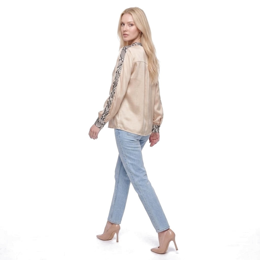 Snake Print Trim Satin Crew Neck Blouse