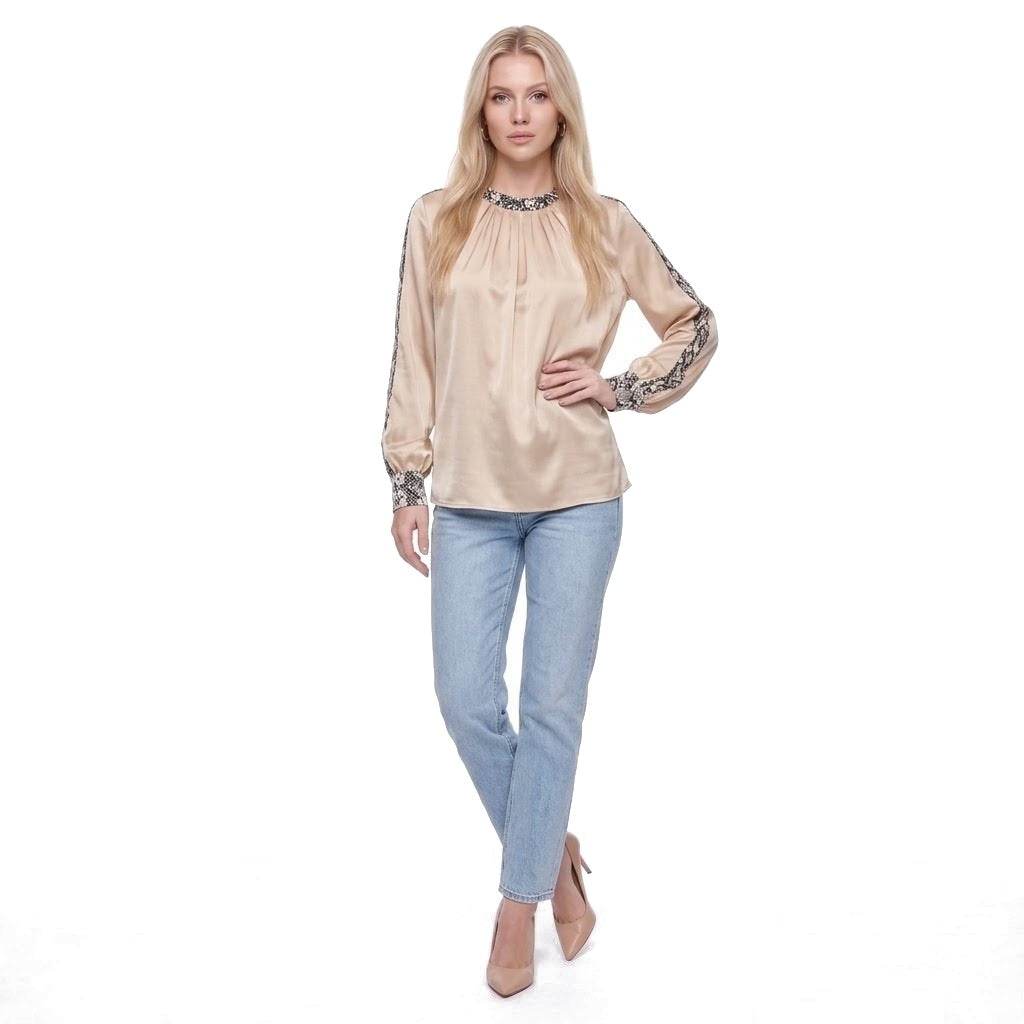 Snake Print Trim Satin Crew Neck Blouse