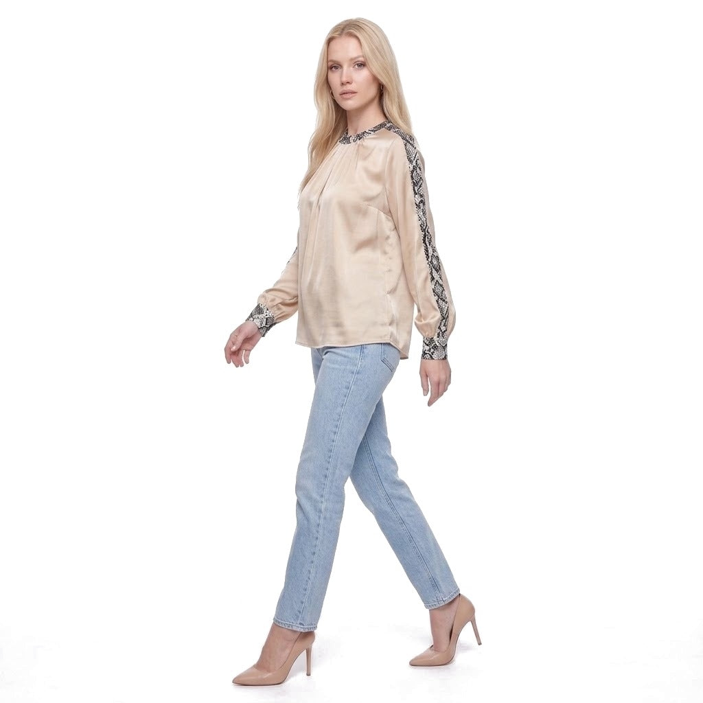 Snake Print Trim Satin Crew Neck Blouse