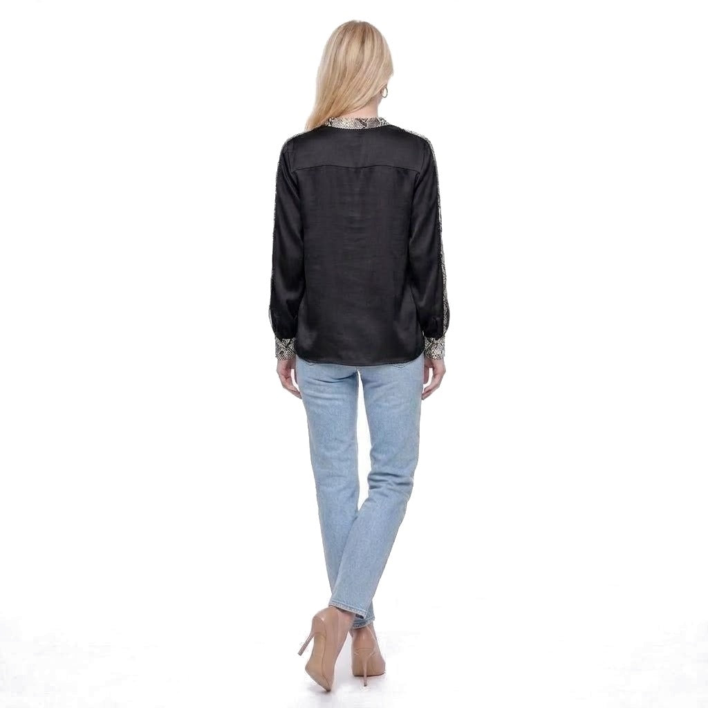 Snake Print Trim Satin Crew Neck Blouse
