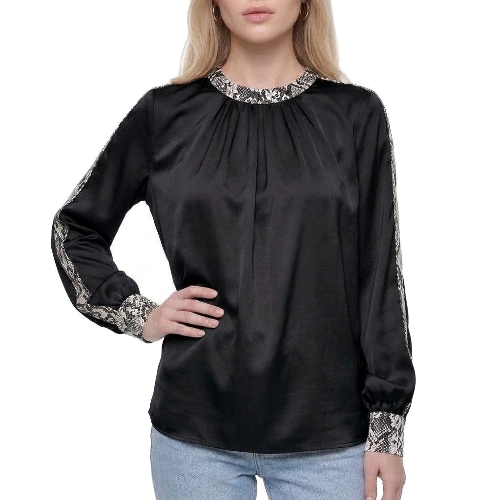Snake Print Trim Satin Crew Neck Blouse