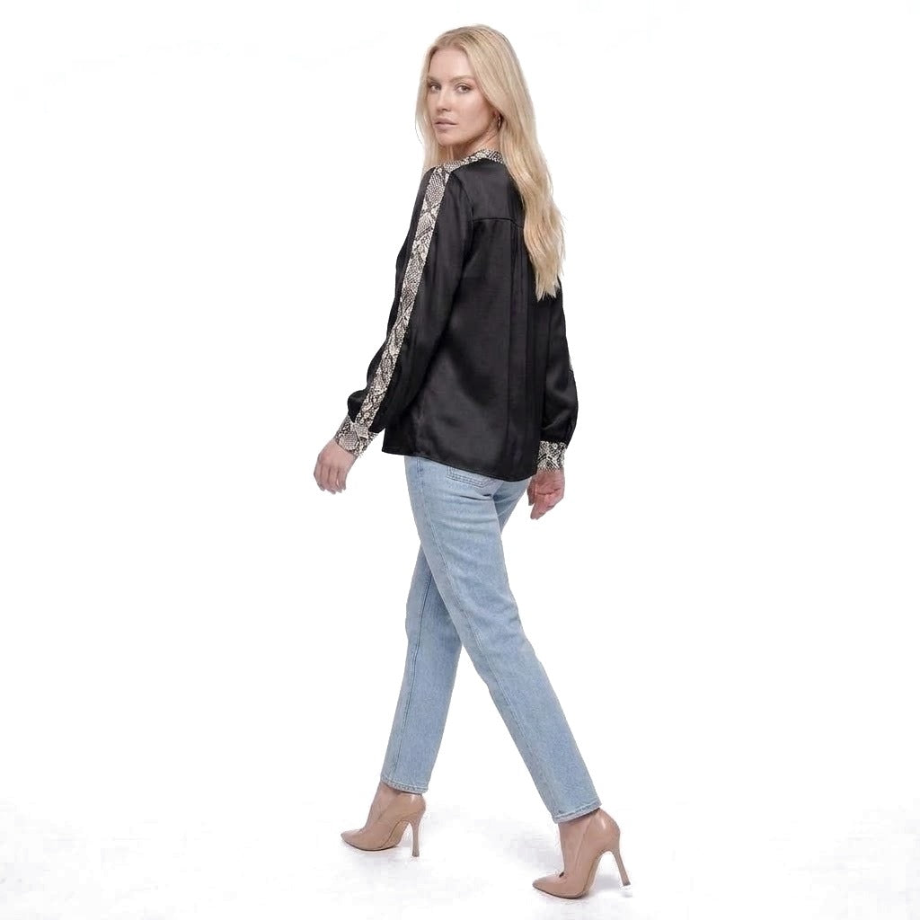 Snake Print Trim Satin Crew Neck Blouse