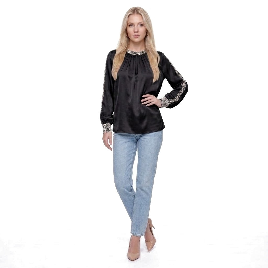 Snake Print Trim Satin Crew Neck Blouse