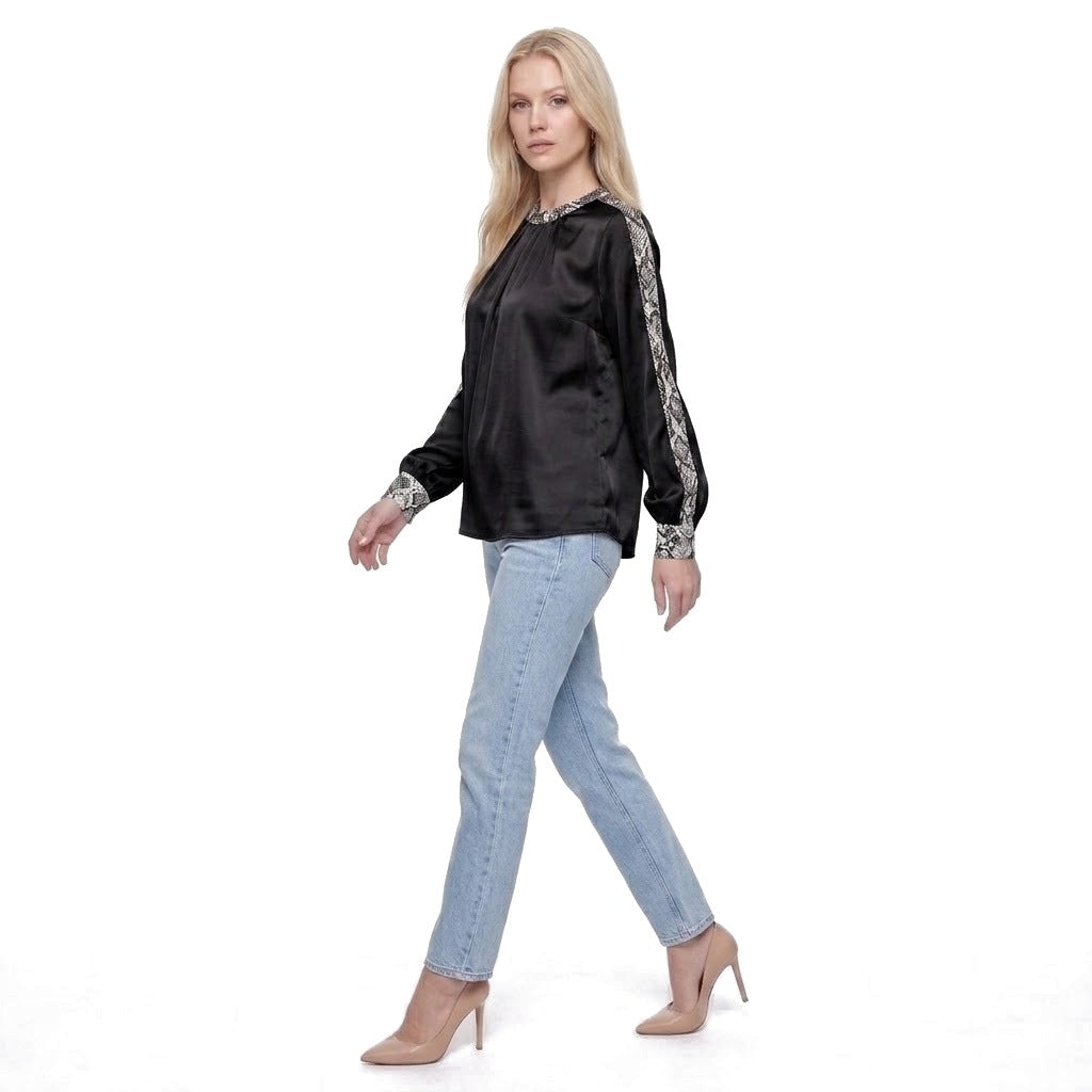 Snake Print Trim Satin Crew Neck Blouse