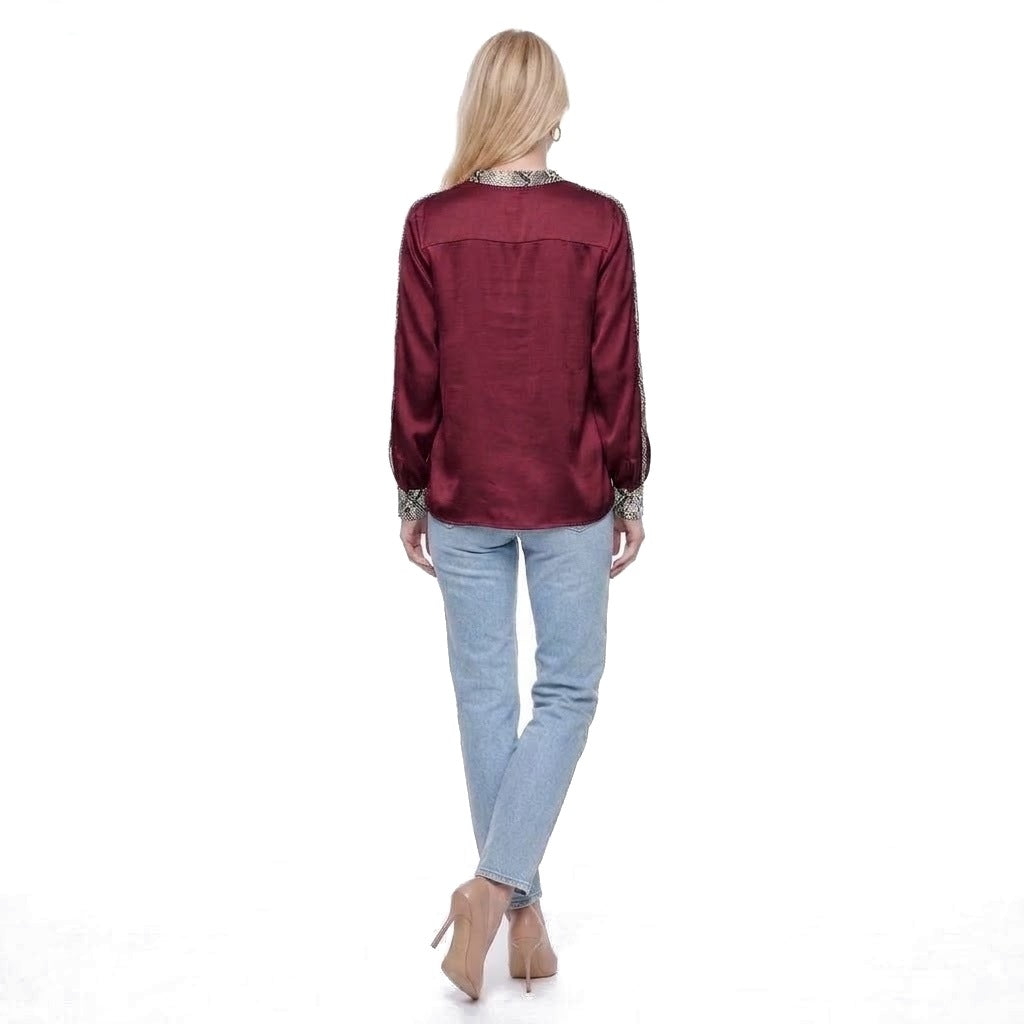 Snake Print Trim Satin Crew Neck Blouse