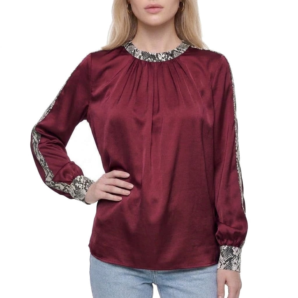 Snake Print Trim Satin Crew Neck Blouse