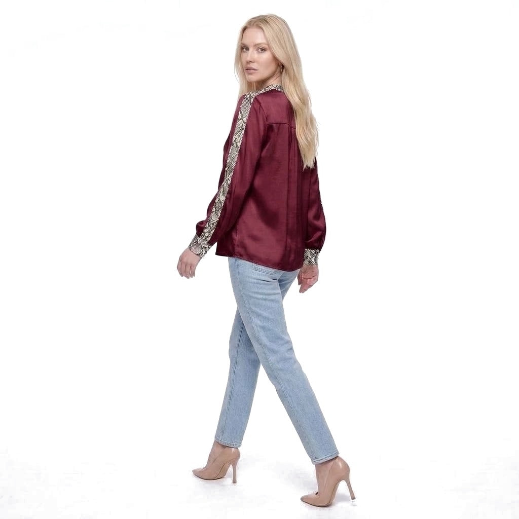 Snake Print Trim Satin Crew Neck Blouse