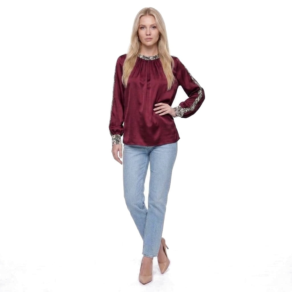 Snake Print Trim Satin Crew Neck Blouse