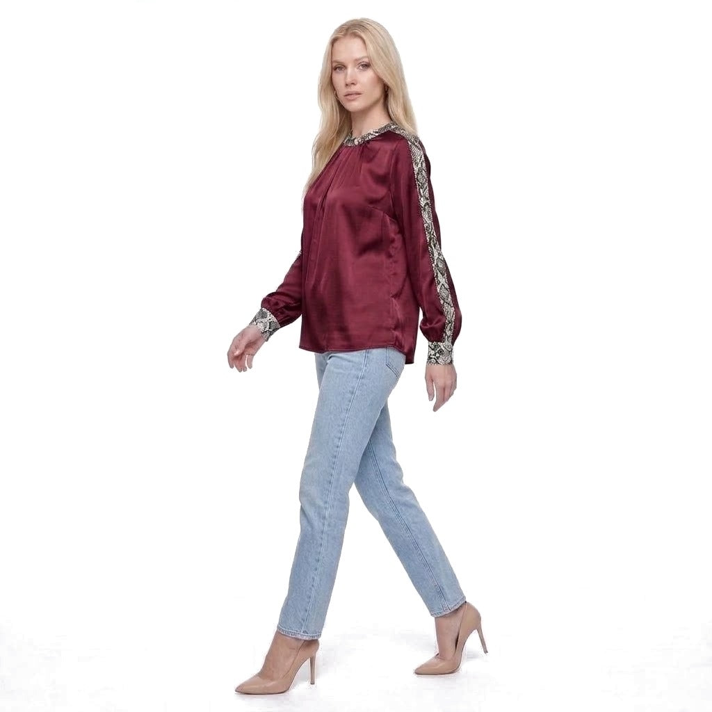 Snake Print Trim Satin Crew Neck Blouse