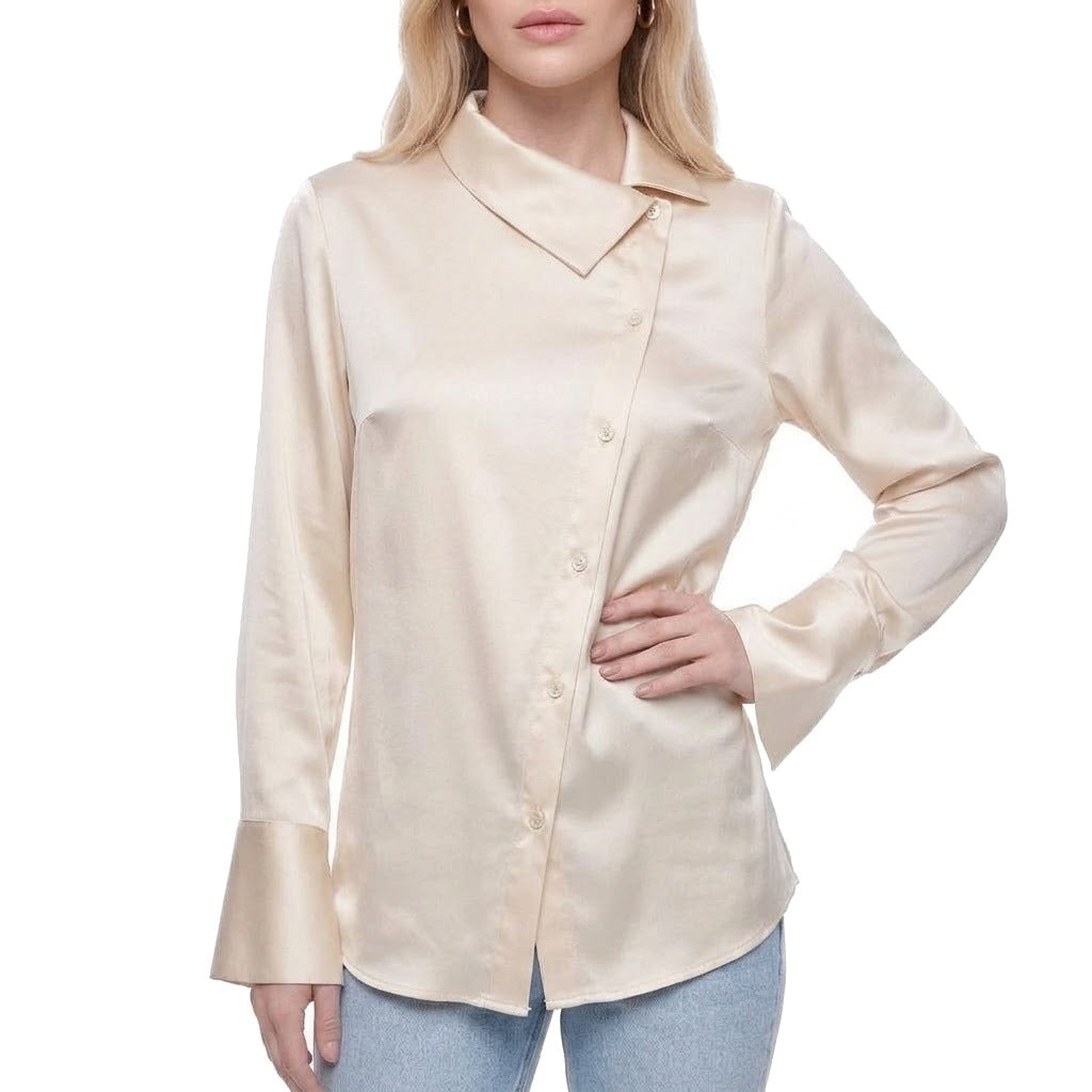 Asymmetric Collar Satin Button Shirt