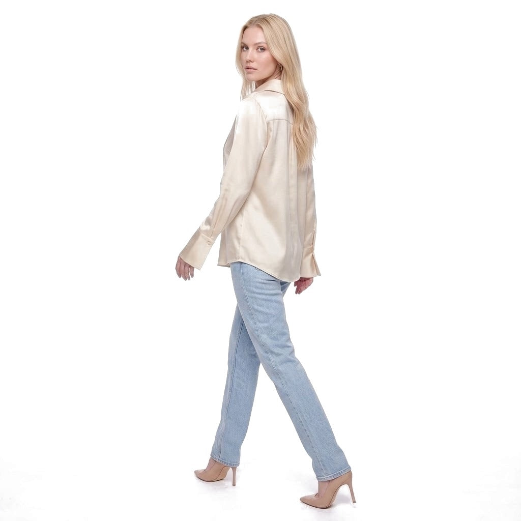 Asymmetric Collar Satin Button Shirt