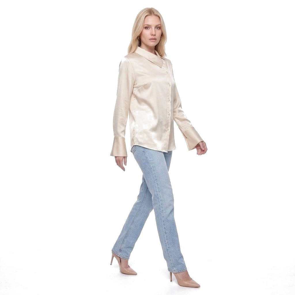 Asymmetric Collar Satin Button Shirt