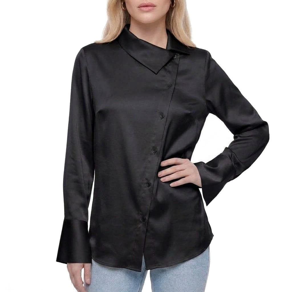 Asymmetric Collar Satin Button Shirt