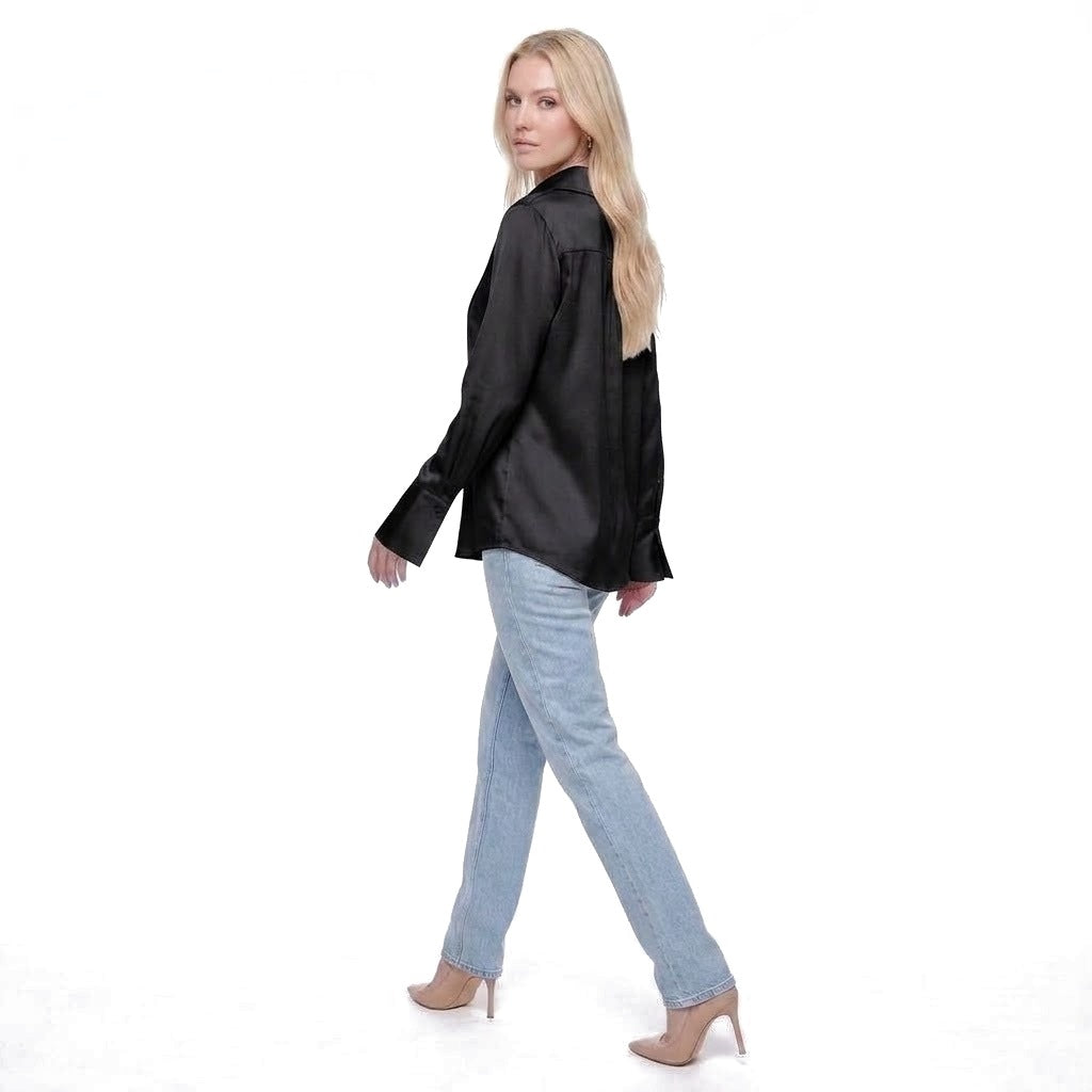 Asymmetric Collar Satin Button Shirt